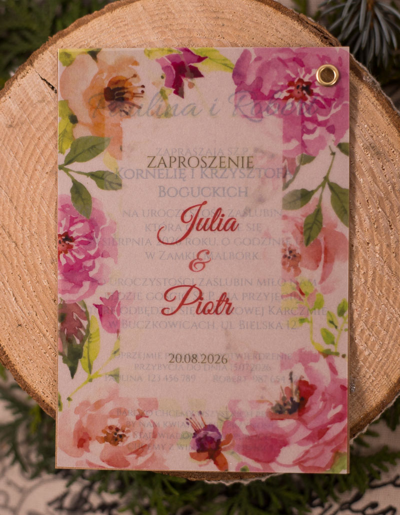 Zaproszenia ślubne eko z kalką - z różowymi kwiatami